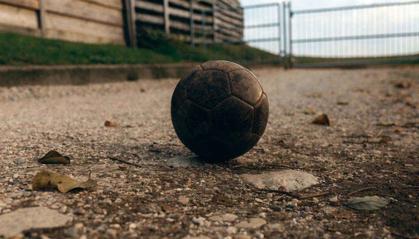 Ein abgenutzter Fussball liegt auf einem Kiesweg neben dem Eingang eines Vereinsplatzes, Laub liegt auf dem Boden.