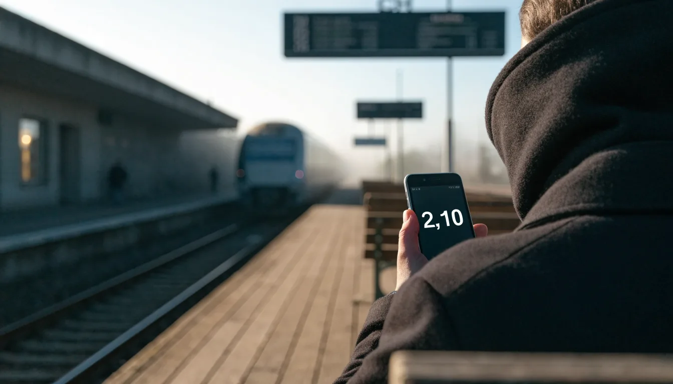 Ein Bahnsteig mit leeren Bänken an einem Regionalbahnhof am Morgen, ein Zug fährt in der Ferne ein.