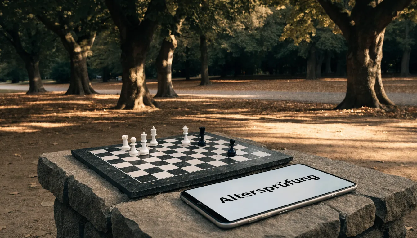 Ein Parkbank-Tisch mit eingelassenem Spielfeld unter alten Kastanien, auf den Wegen liegt Laub und die Sonne steht tief.