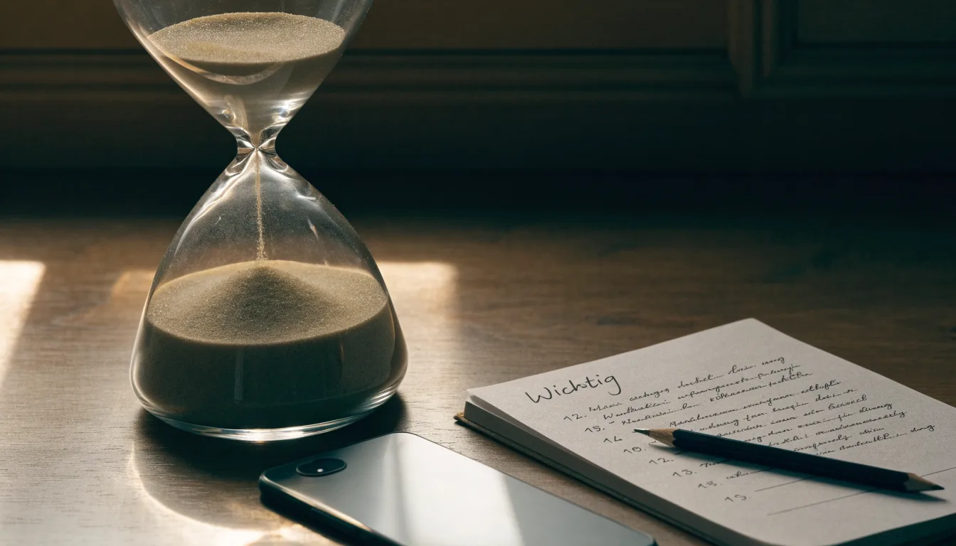 Eine Sanduhr steht auf einem Holztisch neben einem umgedrehten Smartphone, warmes Licht fällt von der Seite ein.