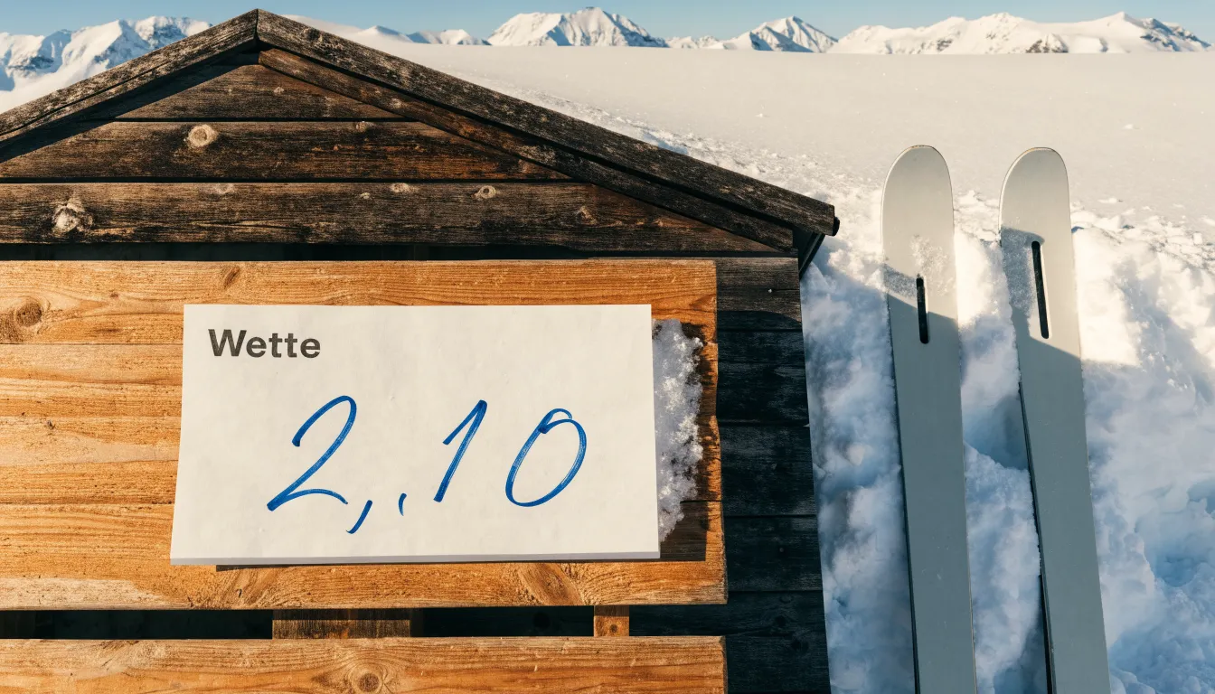 Zwei Skier stecken aufrecht im Schnee neben einer Holzhütte, dahinter ein weites Alpenpanorama bei klarem Himmel.