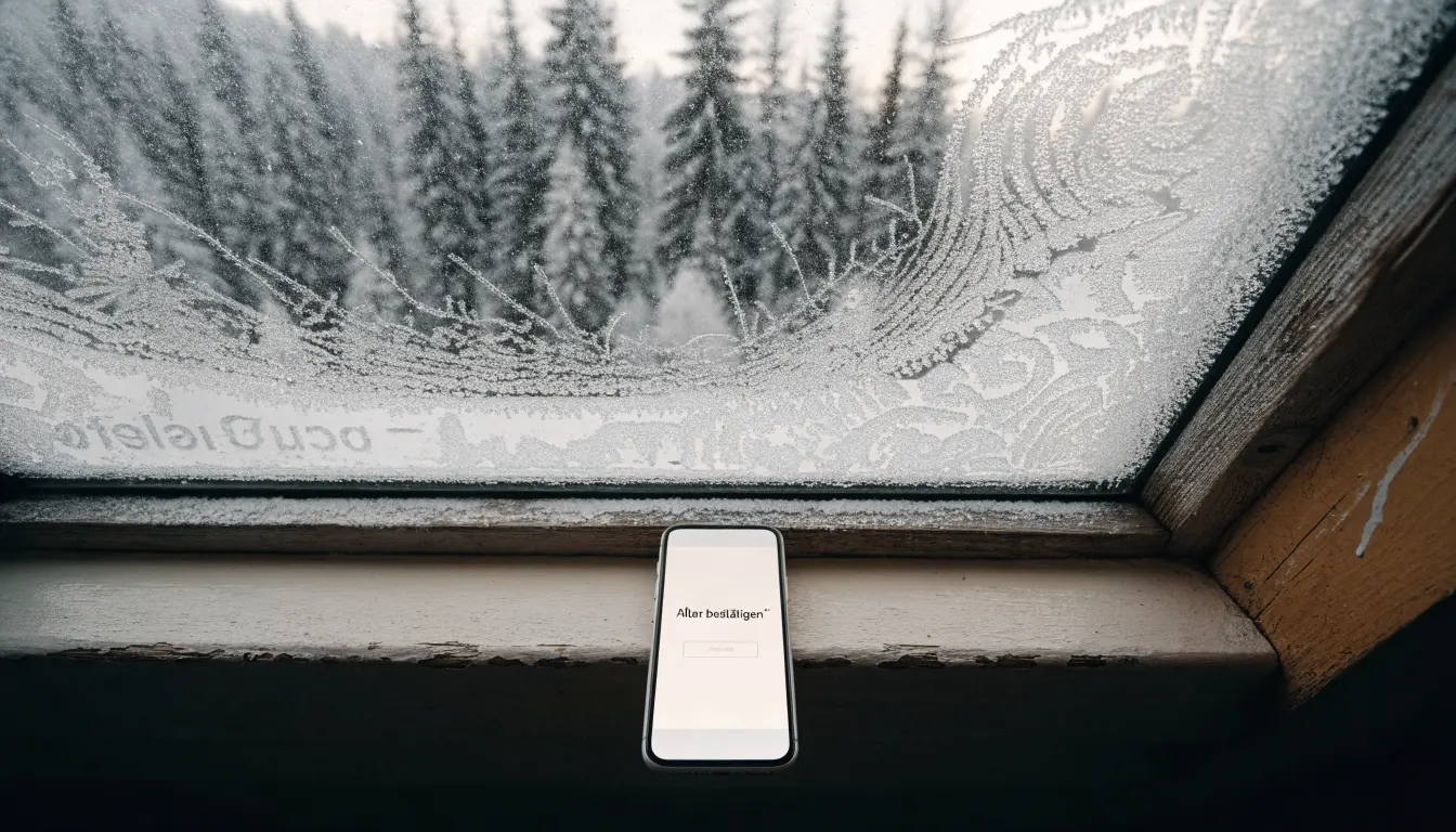 Ein vereistes Fenster einer Berghütte mit Blick auf verschneite Tannen im blassen Winterlicht.