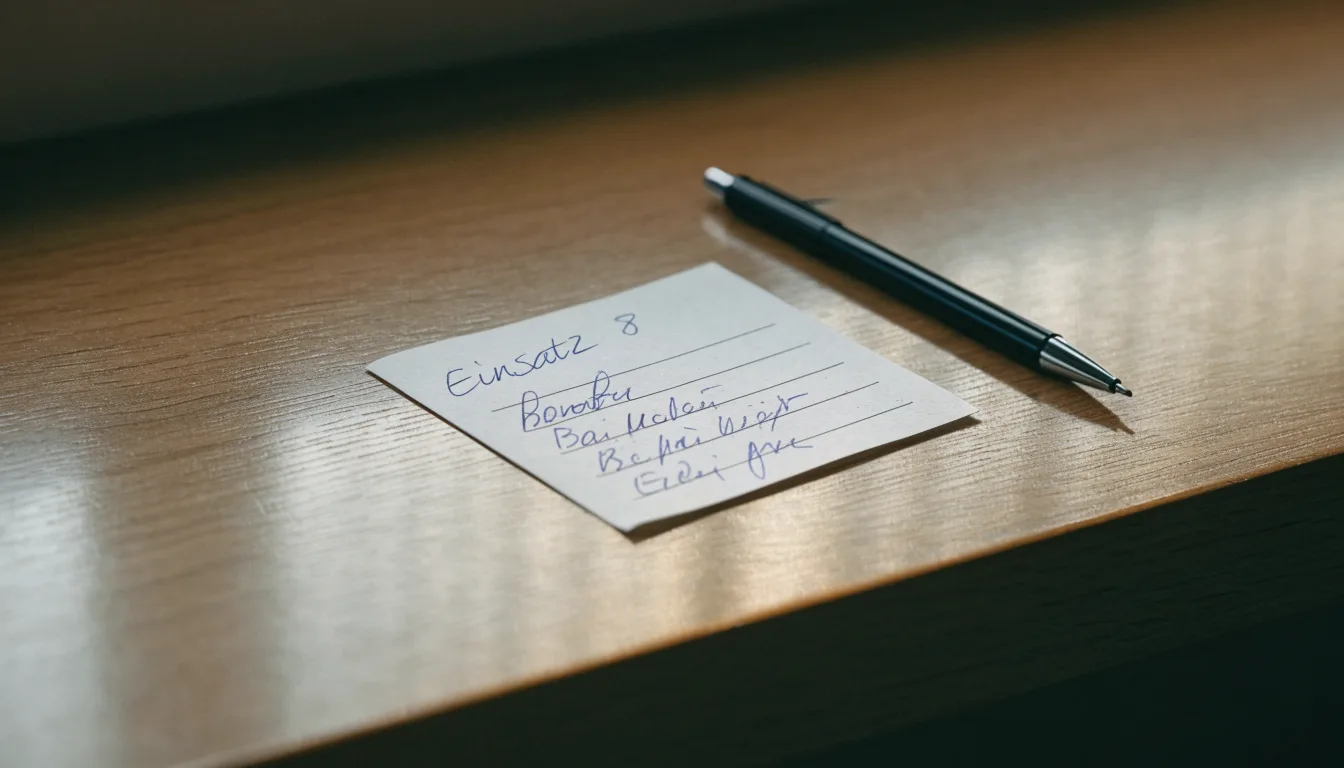 Ein leerer Wettschein aus Papier und ein Kugelschreiber liegen auf einer hölzernen Theke im Nachmittagslicht.