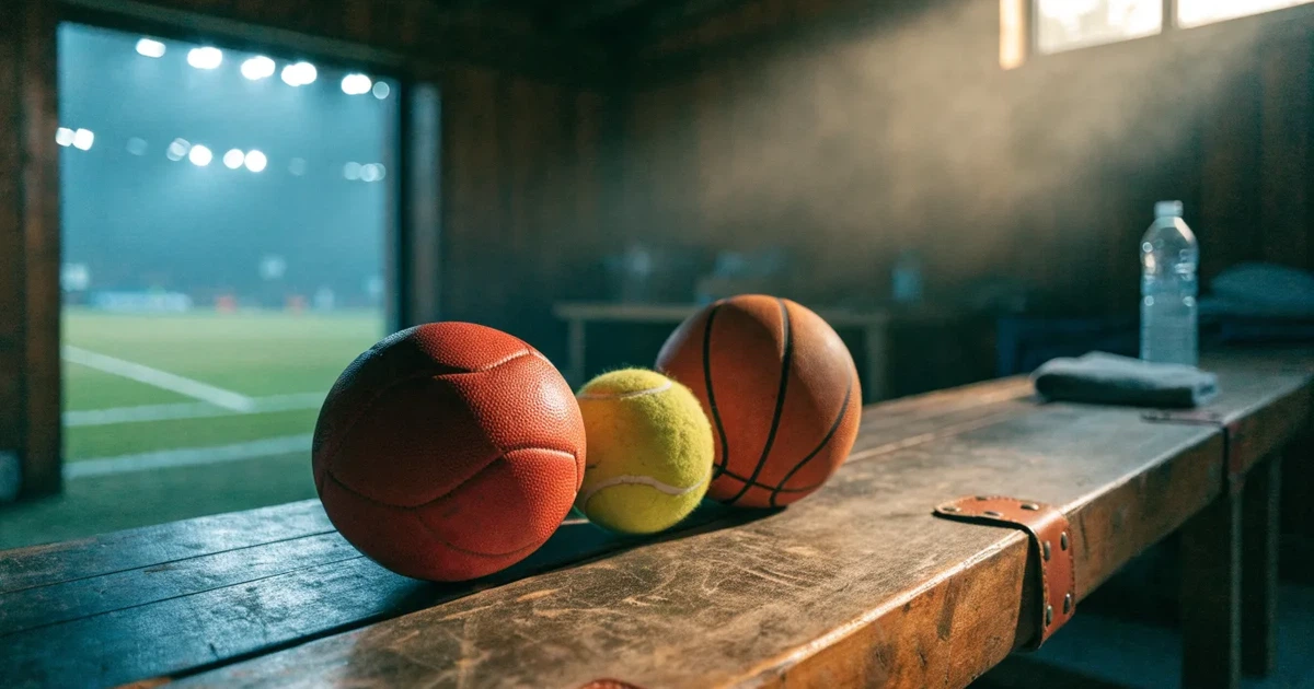 Drei Sportbälle, ein Fussball, ein Tennisball und ein Basketball, liegen nebeneinander auf einer Holzbank.