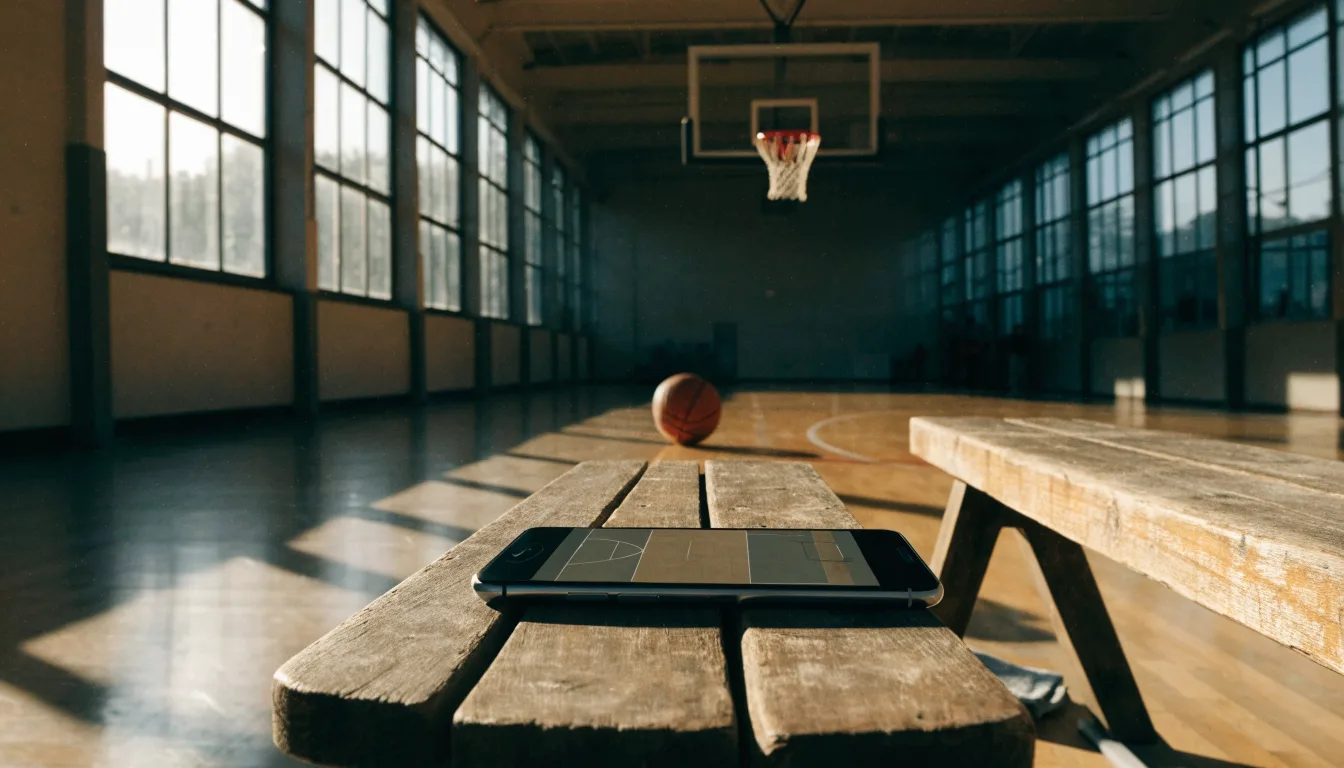 Ein Basketballkorb hängt in einer leeren Turnhalle, durch hohe Fenster fällt Licht auf das Holzparkett.