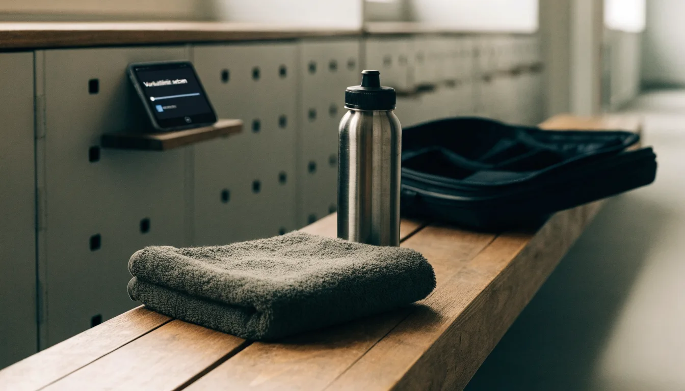 Ein Frottiertuch und eine Trinkflasche liegen auf einer Bank neben einer Sporttasche in einer ruhigen Garderobe.