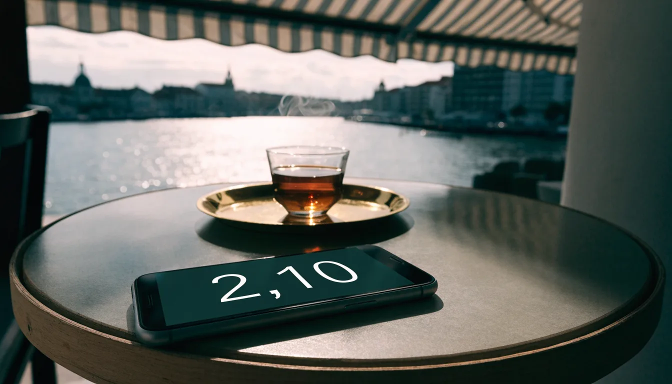 Ein Teeglas auf einem kleinen Messingtablett steht auf einem Tisch eines Hafencafés, im Hintergrund glitzert eine Meerenge.
