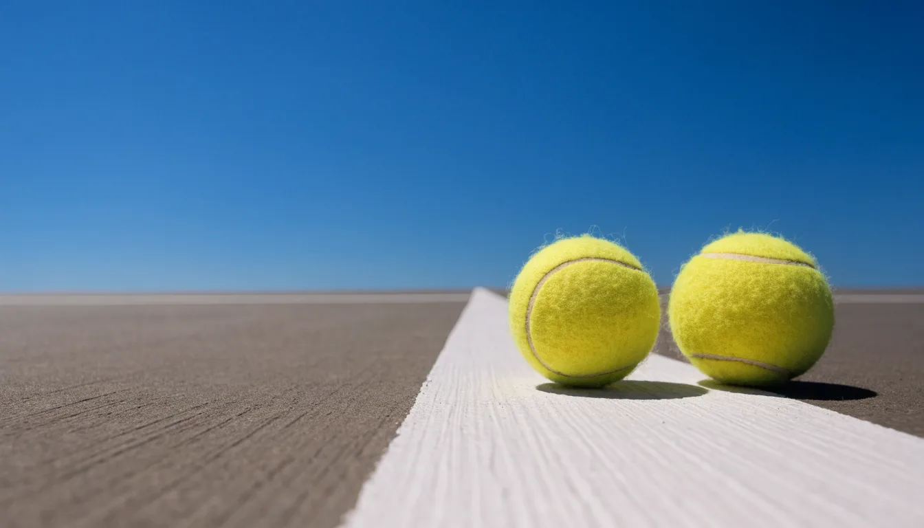Zwei Tennisbälle liegen auf der weissen Grundlinie eines Hartplatzes im grellen Sonnenlicht.