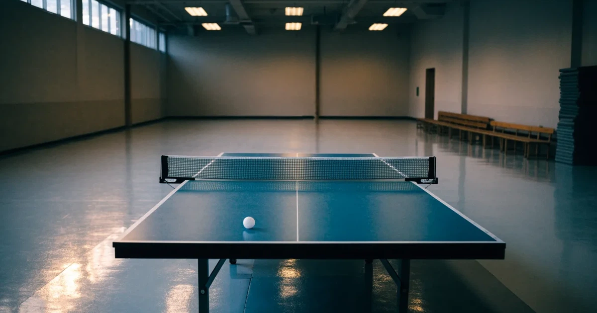 Eine Tischtennisplatte mit Netz in einer leeren Sporthalle, ein heller Ball liegt auf einer Seite, Deckenlicht spiegelt sich im Hallenboden.