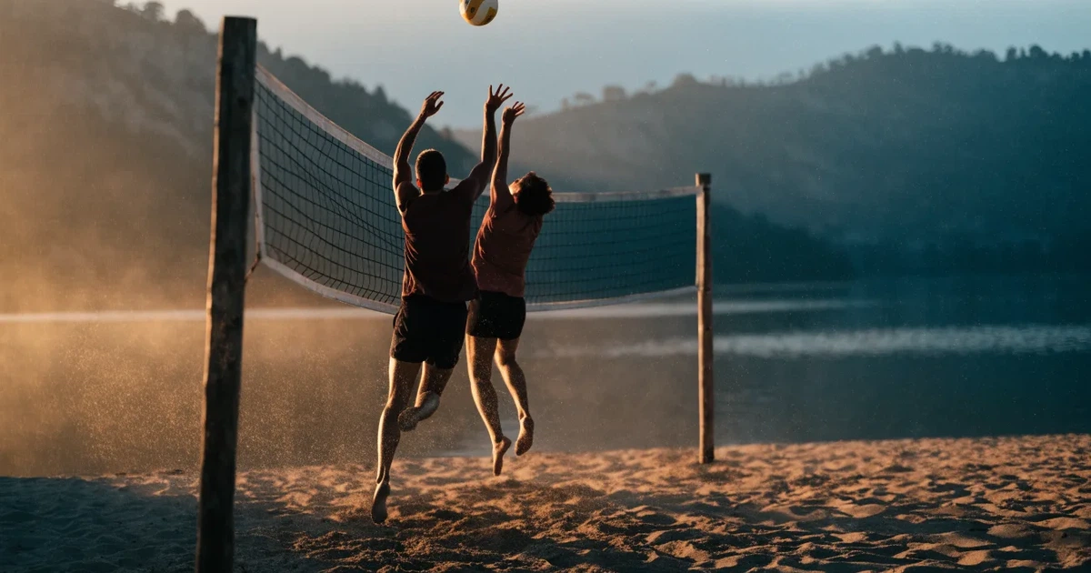 Ein Volleyball liegt im Sand eines Beachplatzes, zwischen zwei Pfosten ist ein Netz gespannt, tiefe Abendsonne wirft lange Schatten.