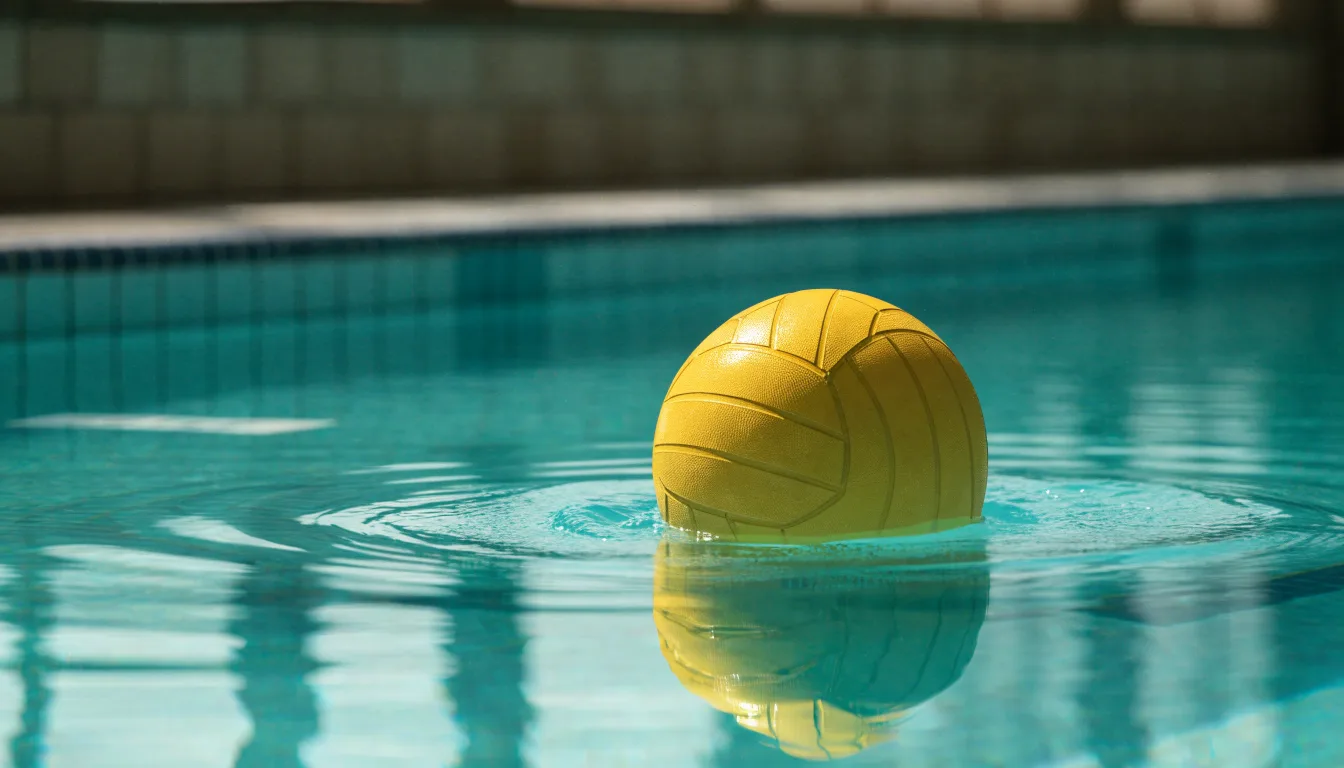 Ein gelber Ball treibt auf ruhigem türkisfarbenem Beckenwasser, feine Wellen im weichen Licht.