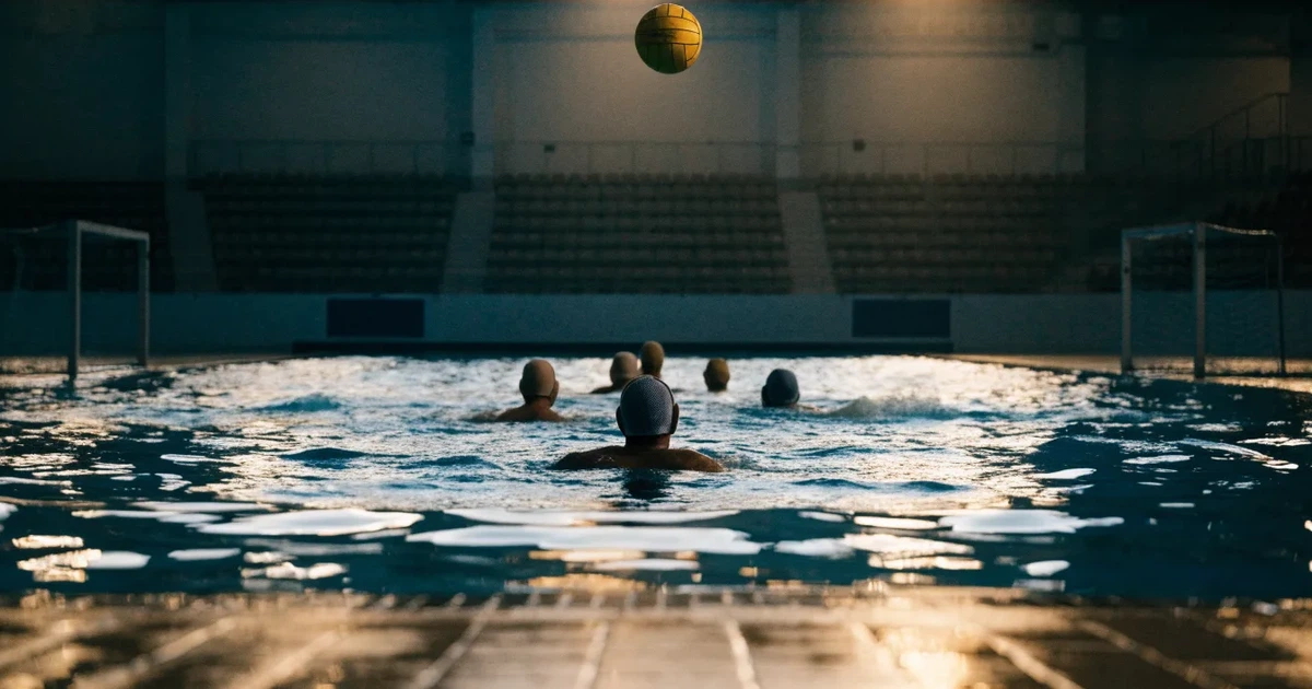 Ein Wasserballbecken am Abend mit zwei schwimmenden Torrahmen an den Enden, ruhiges blaues Wasser, leere Ränge.