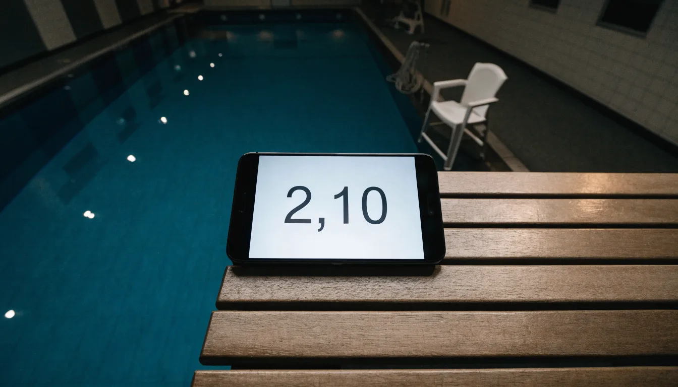 Ein Bademeisterstuhl neben einem Hallenbad zur Schliesszeit, gedimmtes Licht, glatte Wasseroberfläche.