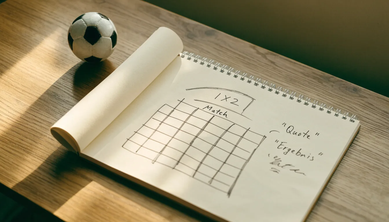 Ein aufgeschlagenes Notizbuch mit Bleistiftskizzen und ein kleiner Fussball liegen auf einem Holztisch im Tageslicht.