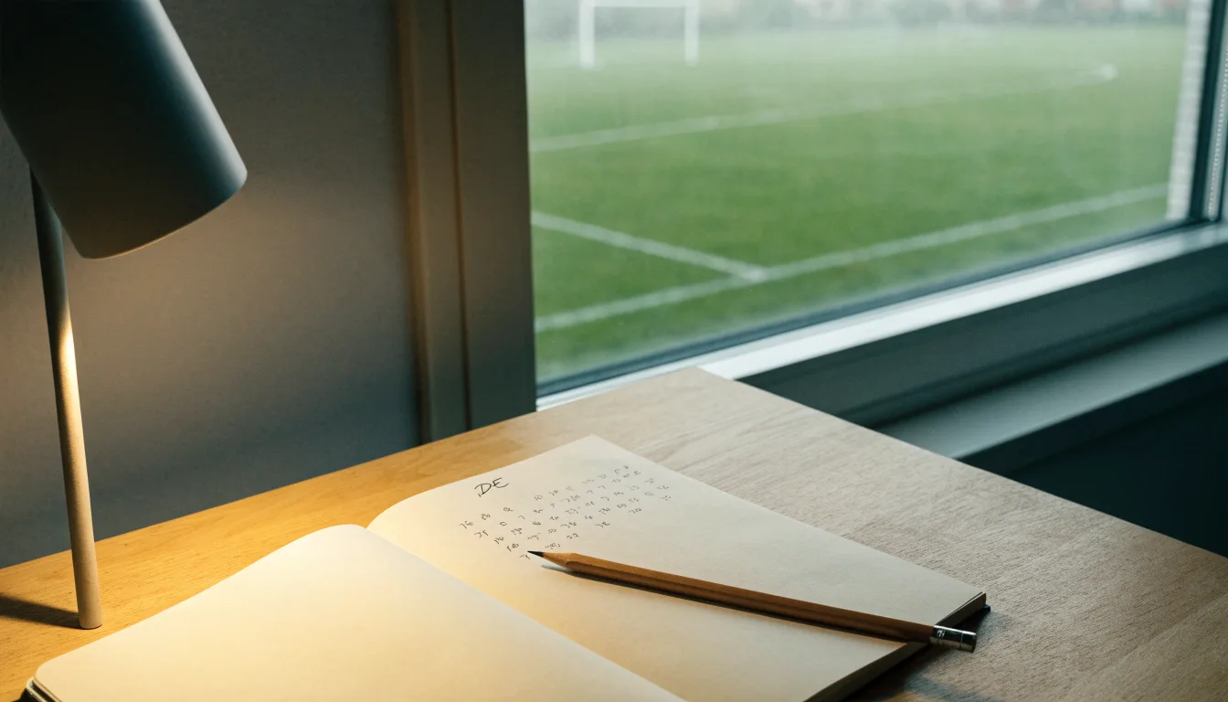 Ein Schreibtisch am Fenster mit Schreibtischlampe, Bleistift und leerem Block, draussen liegt ein Fussballplatz im Dunst.