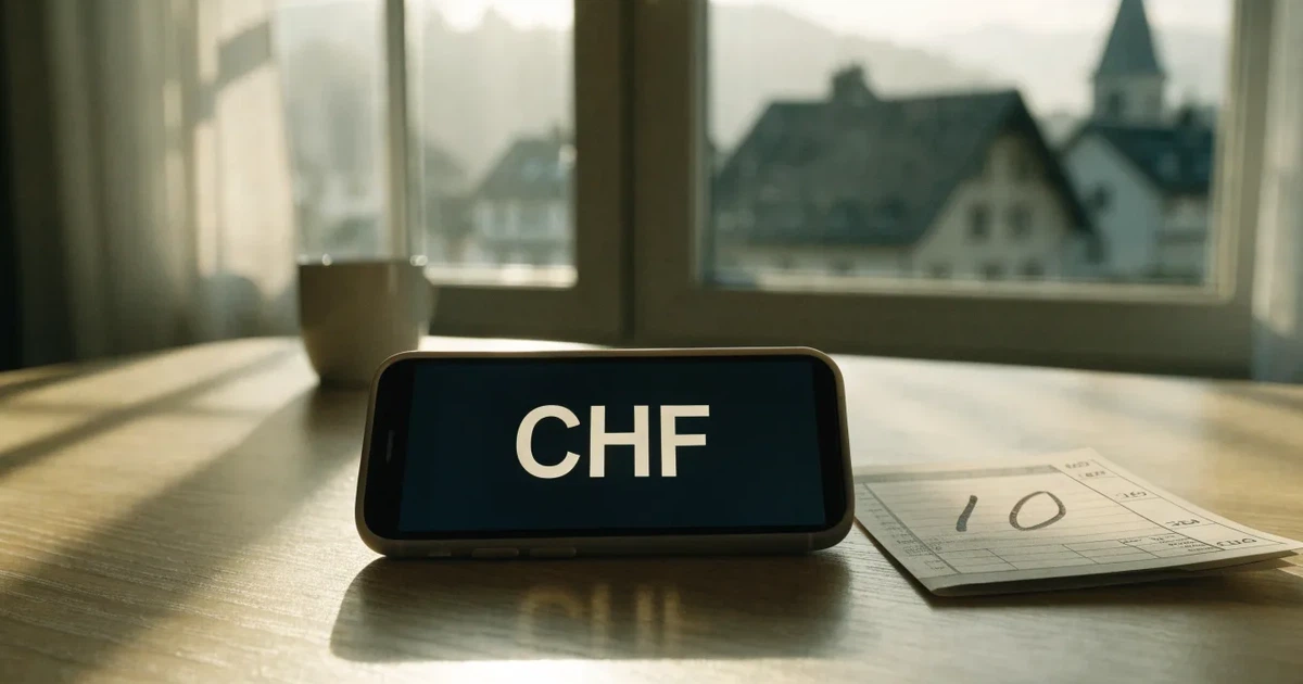 Ein Sparschwein aus Keramik steht auf einem Küchentisch neben einem Smartphone mit dunklem Display, im Fenster dahinter ein Schweizer Dorf im Morgenlicht.