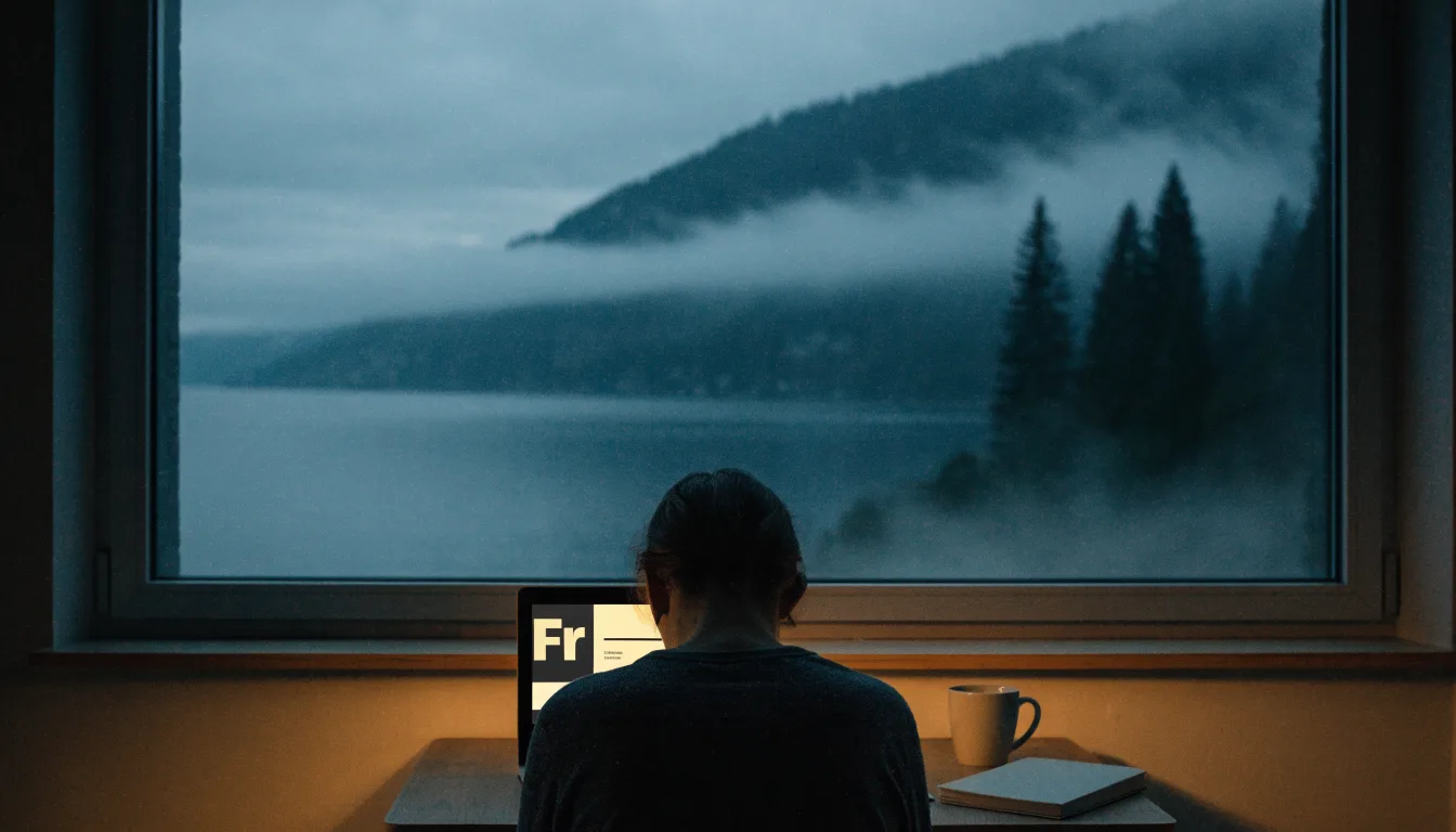 Ein Bergsee in der Dämmerung mit einem leeren Holzsteg, die Wasseroberfläche ist ruhig und Nebel zieht über die Hänge.