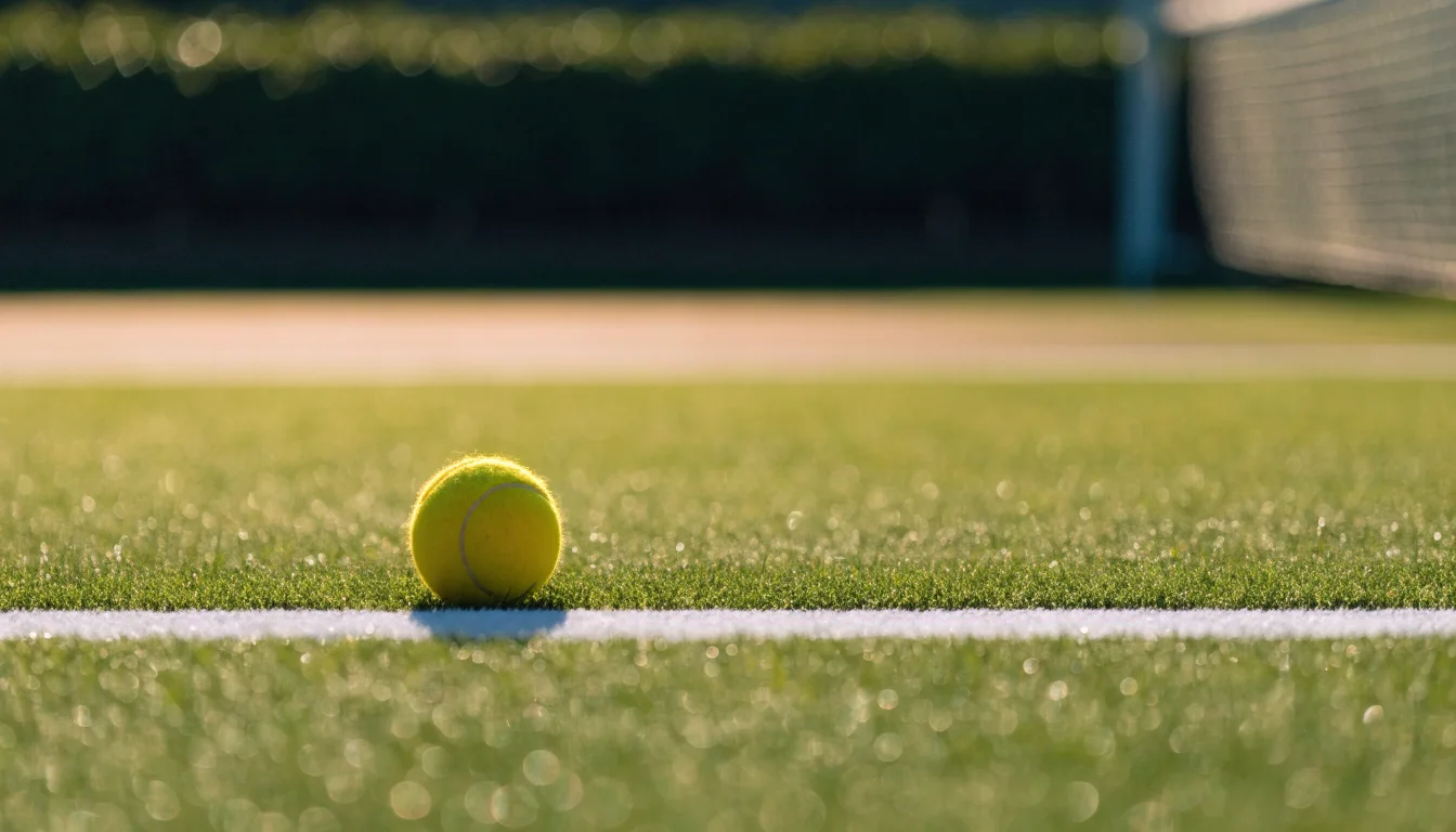 Ein gelber Tennisball liegt im Gras neben der weissen Grundlinie, Tau glitzert auf den Halmen im flachen Sonnenlicht.