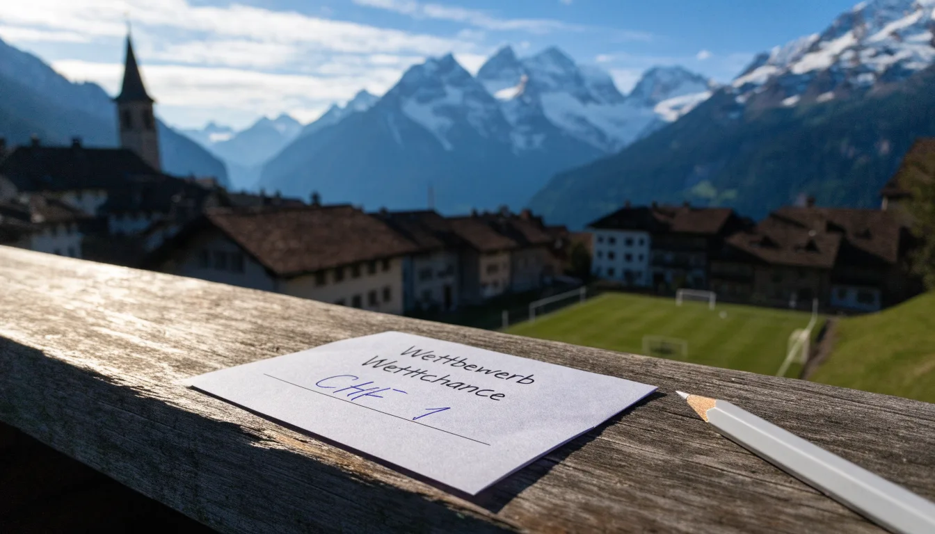 Ein Schweizer Bergdorf mit Kirchturm und einem kleinen Fussballplatz am Hang, im Hintergrund schneebedeckte Gipfel.