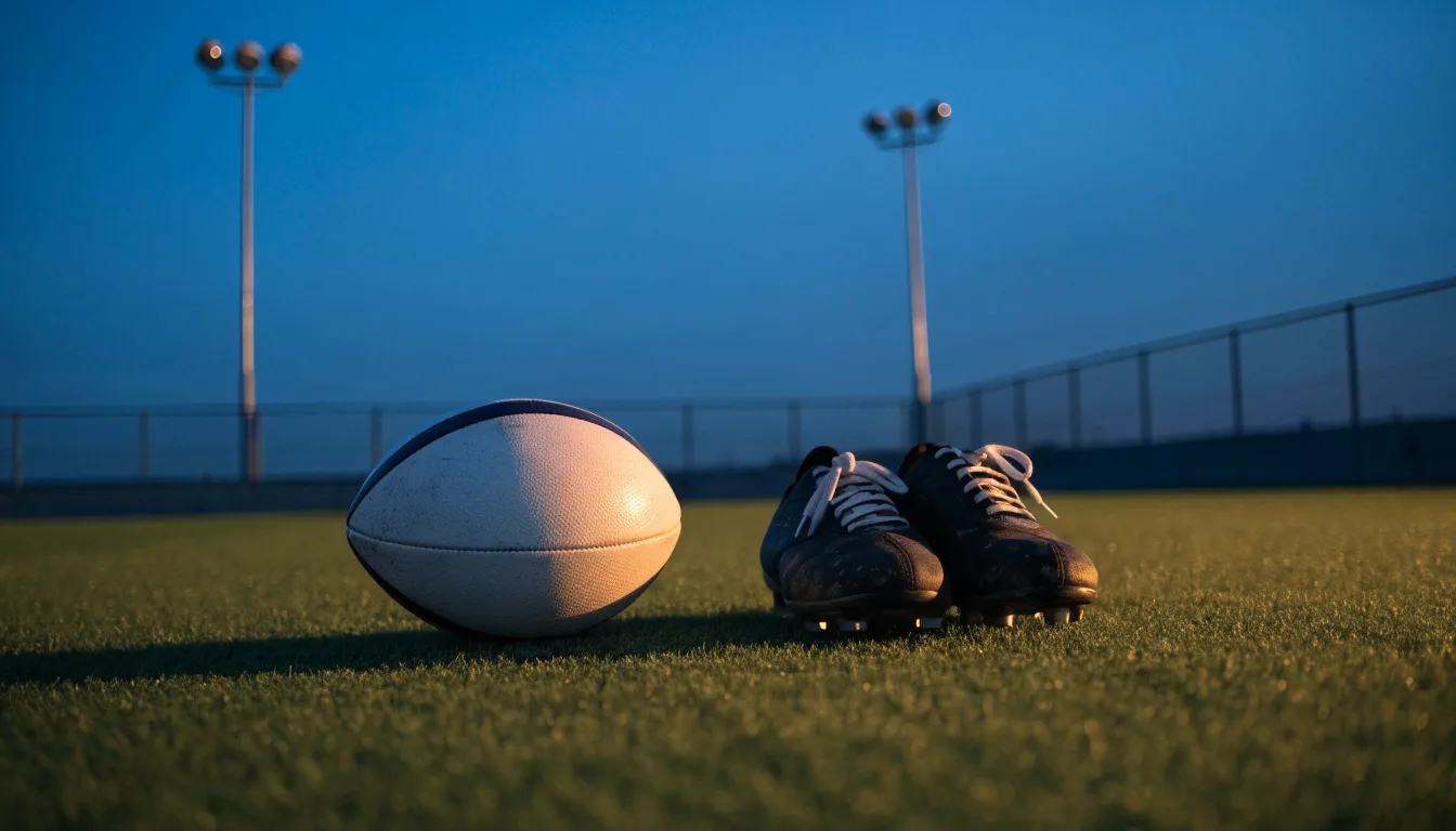 Ein Fussball und ein Paar Stollenschuhe stehen am Rand eines Kunstrasenplatzes, Flutlichtmasten ragen in den Abendhimmel.
