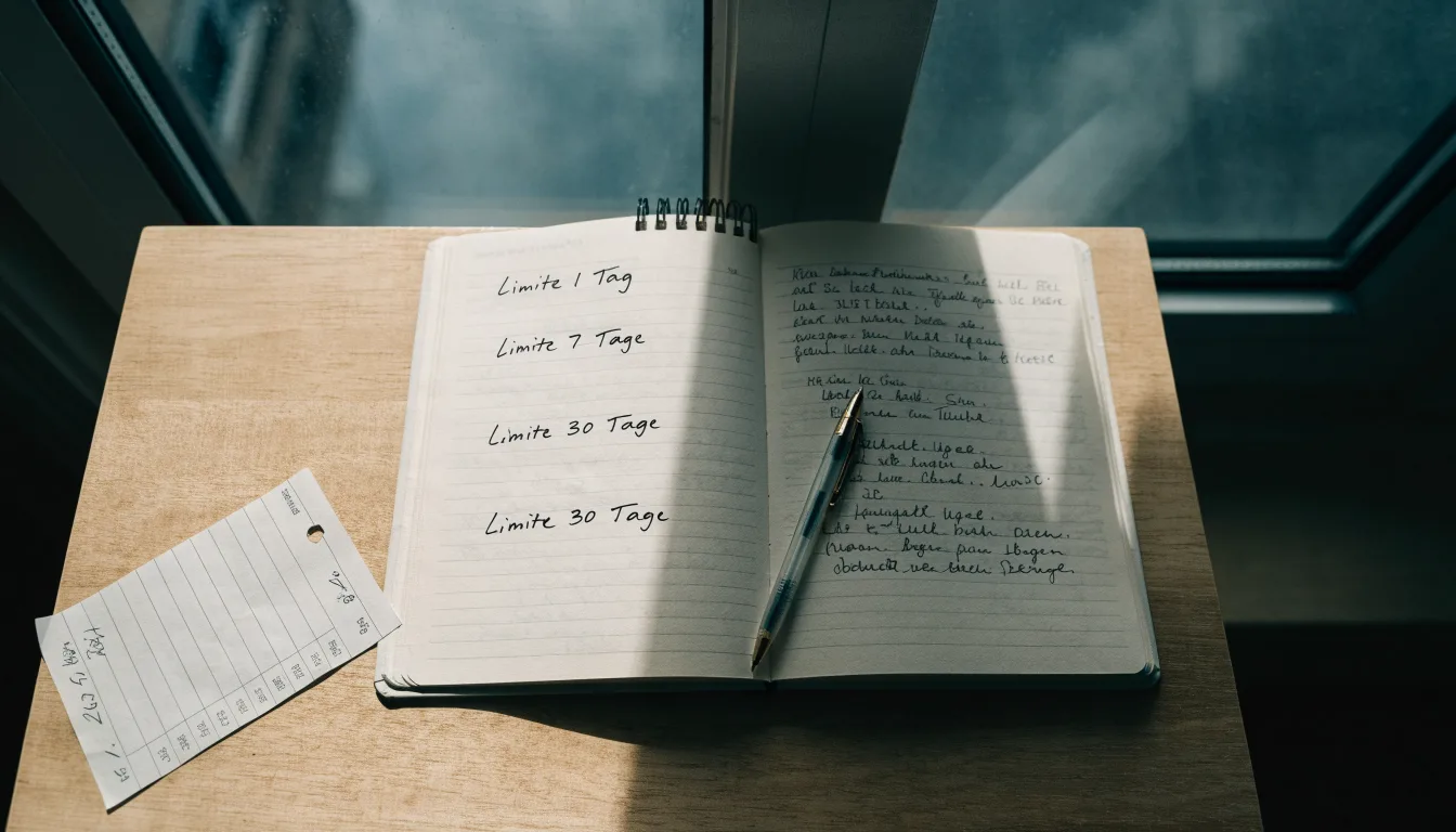 Ein aufgeschlagenes Notizbuch mit handschriftlichen Notizen und ein Kugelschreiber liegen auf einem Holztisch neben einem Fenster mit Tageslicht.