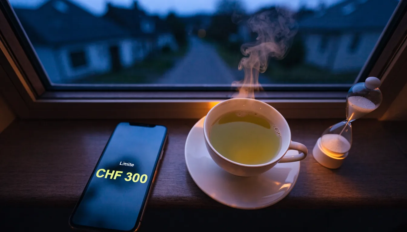 Eine Sanduhr steht auf einem Fensterbrett neben einer Tasse Tee, draussen dämmert es über einer ruhigen Strasse.