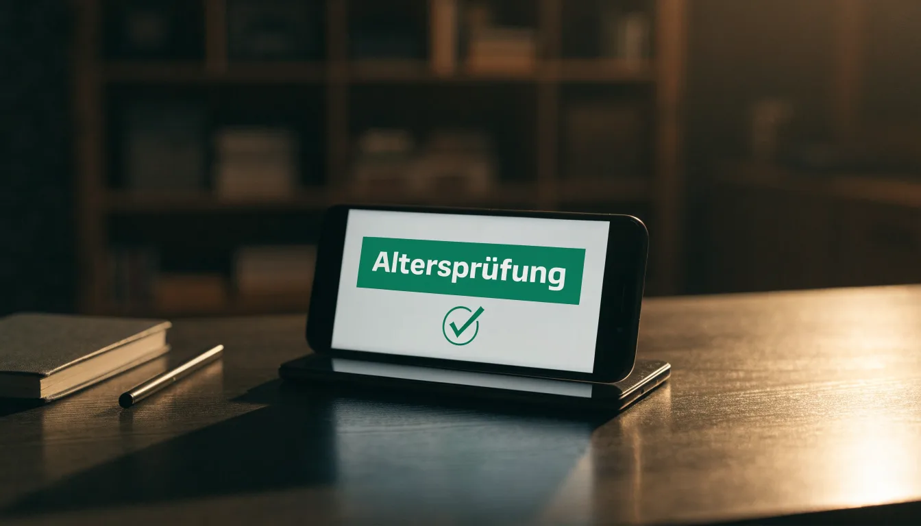 Eine kleine Messingwaage steht im Abendlicht auf einem dunklen Schreibtisch vor einem Bücherregal.