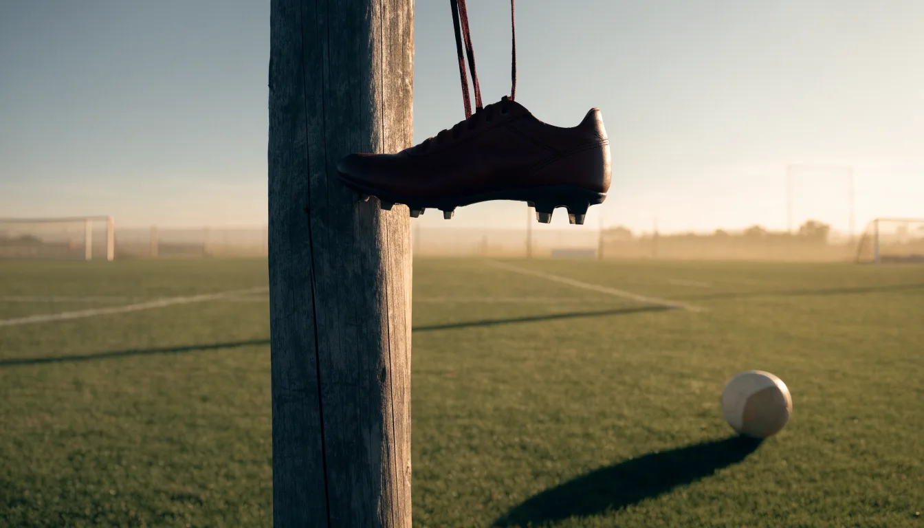 Ein Fussballschuh hängt an den Schnürsenkeln an einem Zaunpfosten neben einem Trainingsplatz im Abendlicht.