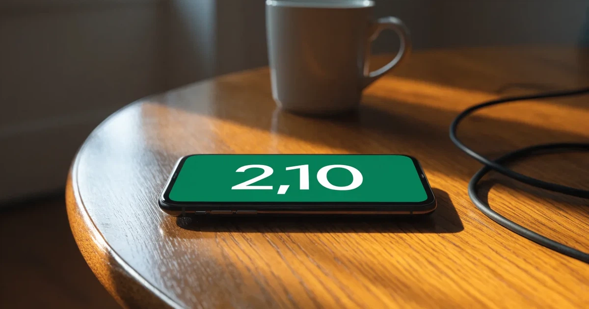 Ein Smartphone mit dunklem Display liegt auf einem Holztisch neben einem Ladekabel und einer Kaffeetasse.