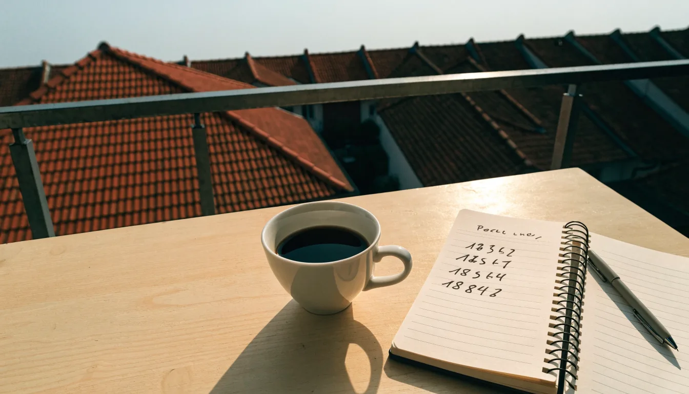 Eine Kaffeetasse und ein aufgeklappter leerer Notizblock stehen auf einem Balkontisch mit Blick über Hausdächer.