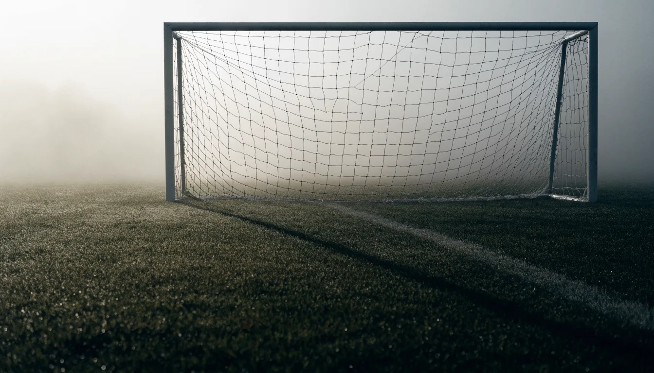Ein Torpfosten mit Netz steht im Gegenlicht auf einem leeren Fussballplatz, über dem Rasen liegt Nebel.