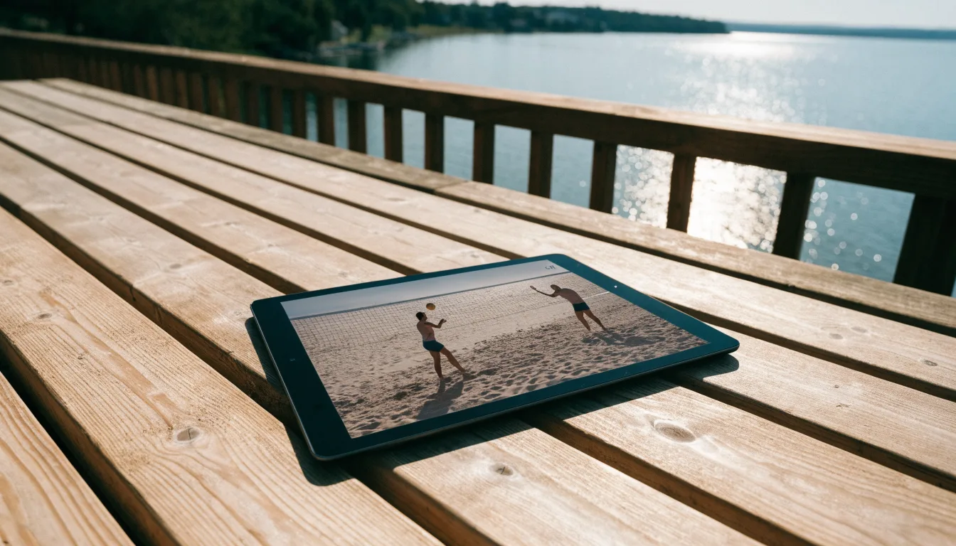Ein Volleyball liegt auf dem Sand eines Strandfeldes am Seeufer, im Hintergrund glitzert das Wasser.