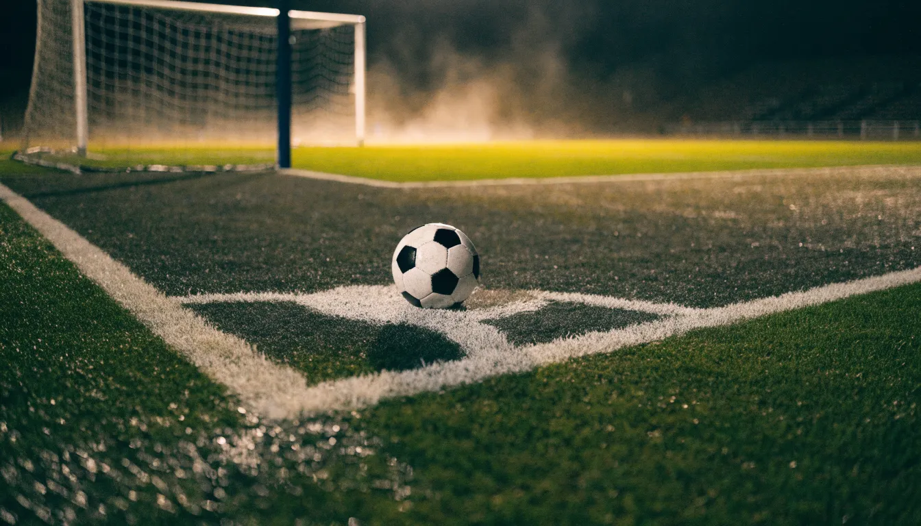 Ein einzelner Fussball liegt auf dem Elfmeterpunkt eines leeren Strafraums, der Rasen glänzt nass.