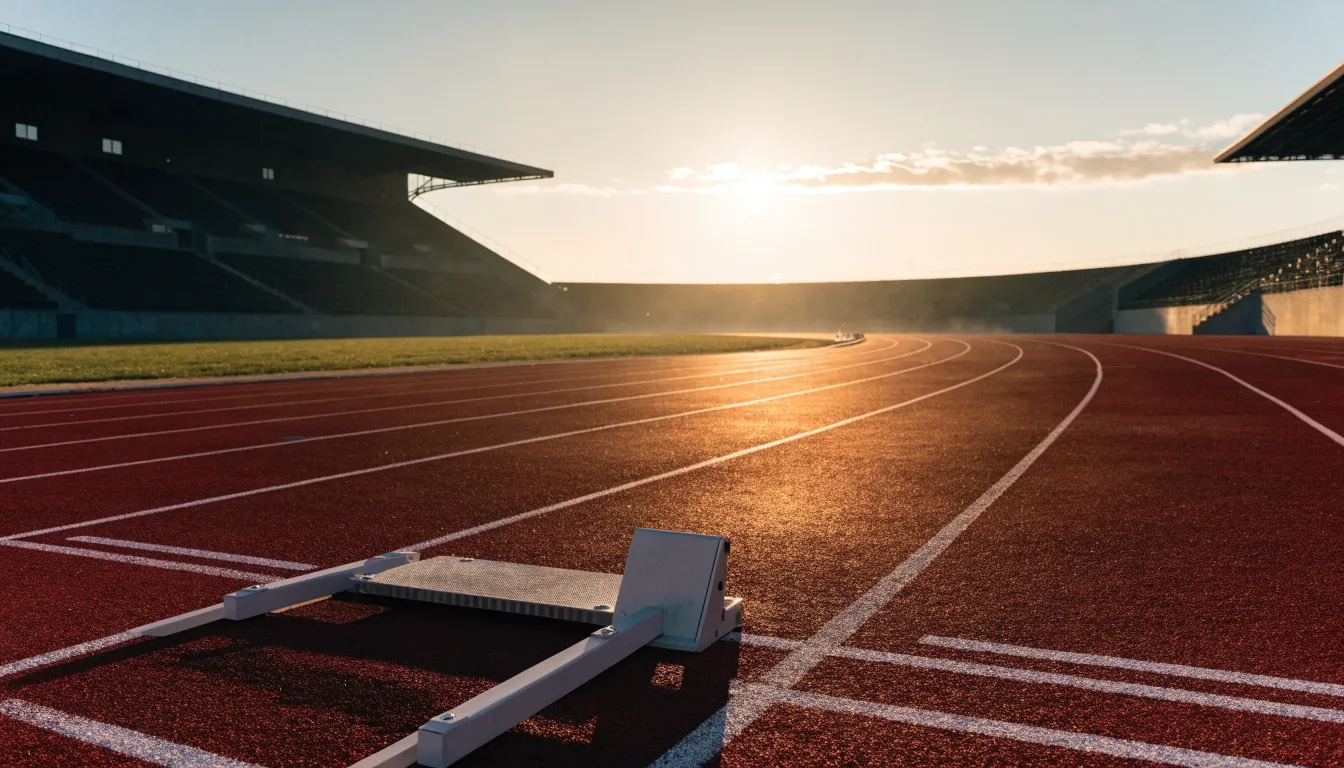 Eine rote Laufbahn in einem leeren Stadion bei Sonnenaufgang, die Bahnen ziehen sich in die Kurve.