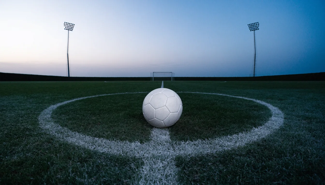 Ein Fussball liegt auf dem Mittelpunkt eines leeren Rasenplatzes, im Hintergrund ragen Flutlichtmasten in die Abenddämmerung