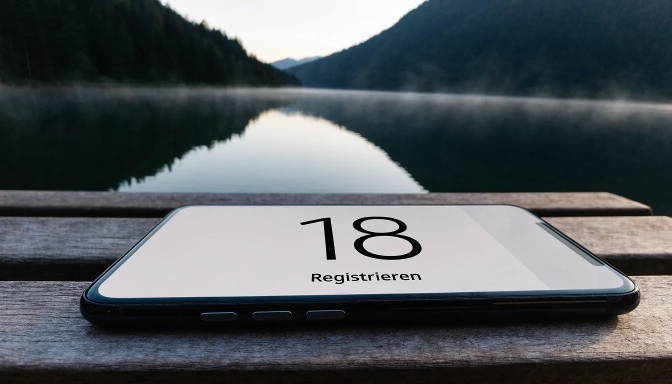 Eine Holzbank am Ufer eines ruhigen Bergsees, am gegenüberliegenden Ufer steigen dunkle Hänge in den Frühnebel