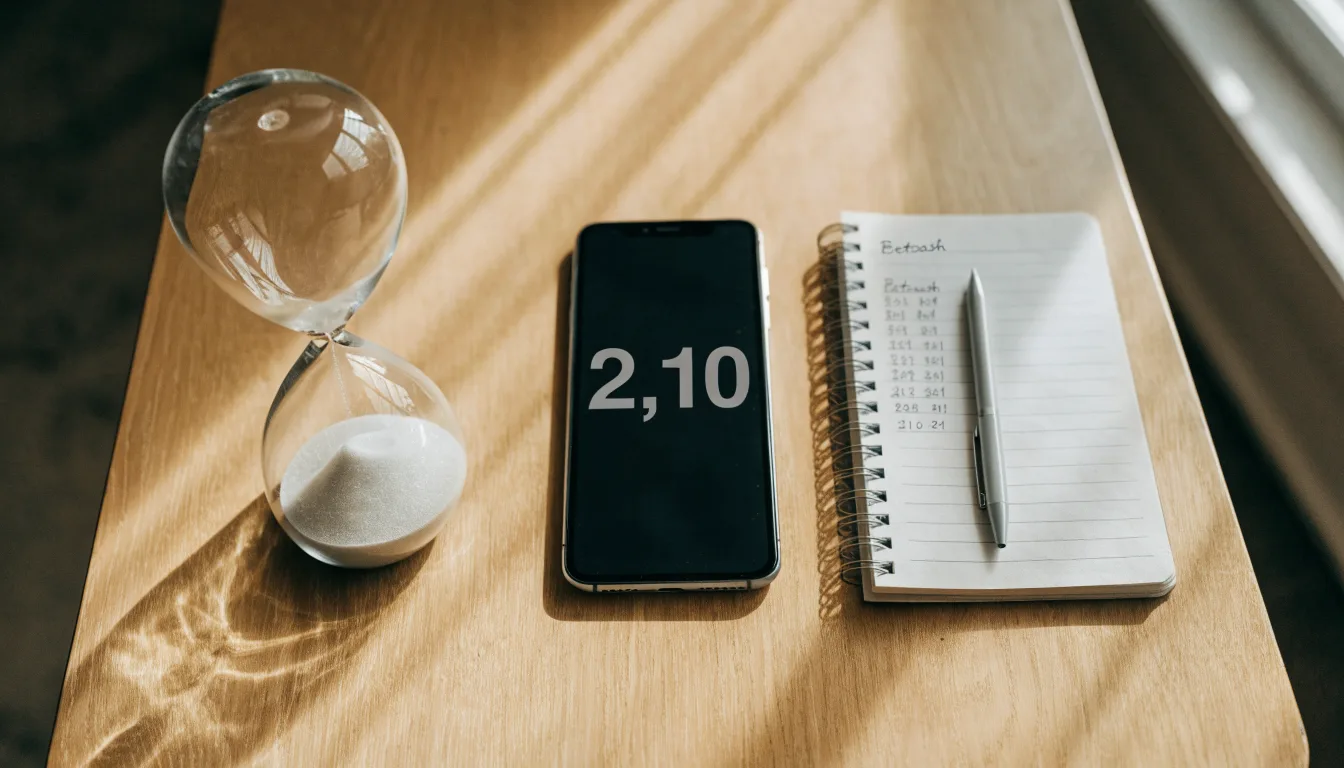 Eine Sanduhr steht neben einem Smartphone mit dunklem Display auf einem Holztisch, ruhiges Tageslicht fällt von der Seite ein