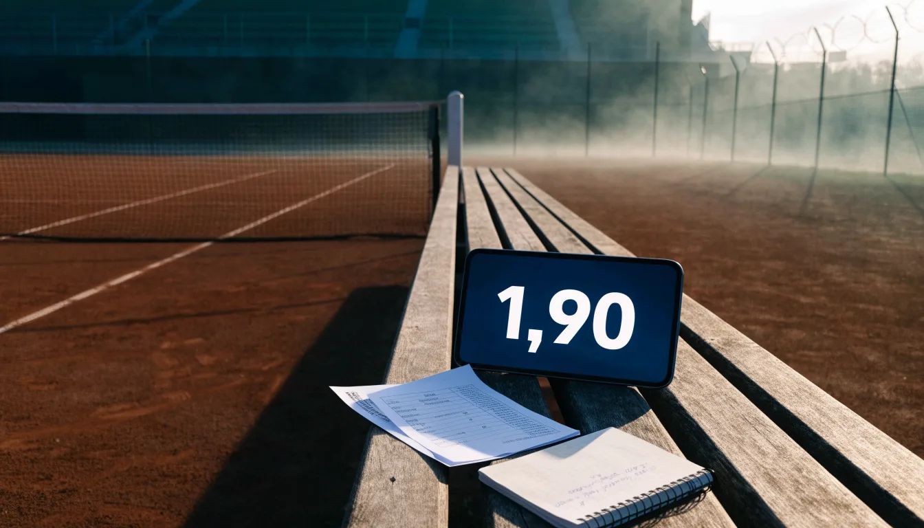 Ein Tennisplatz mit Sandbelag in der Morgendämmerung, Netz und Linien liegen im ersten Licht, Nebel hängt über dem Boden