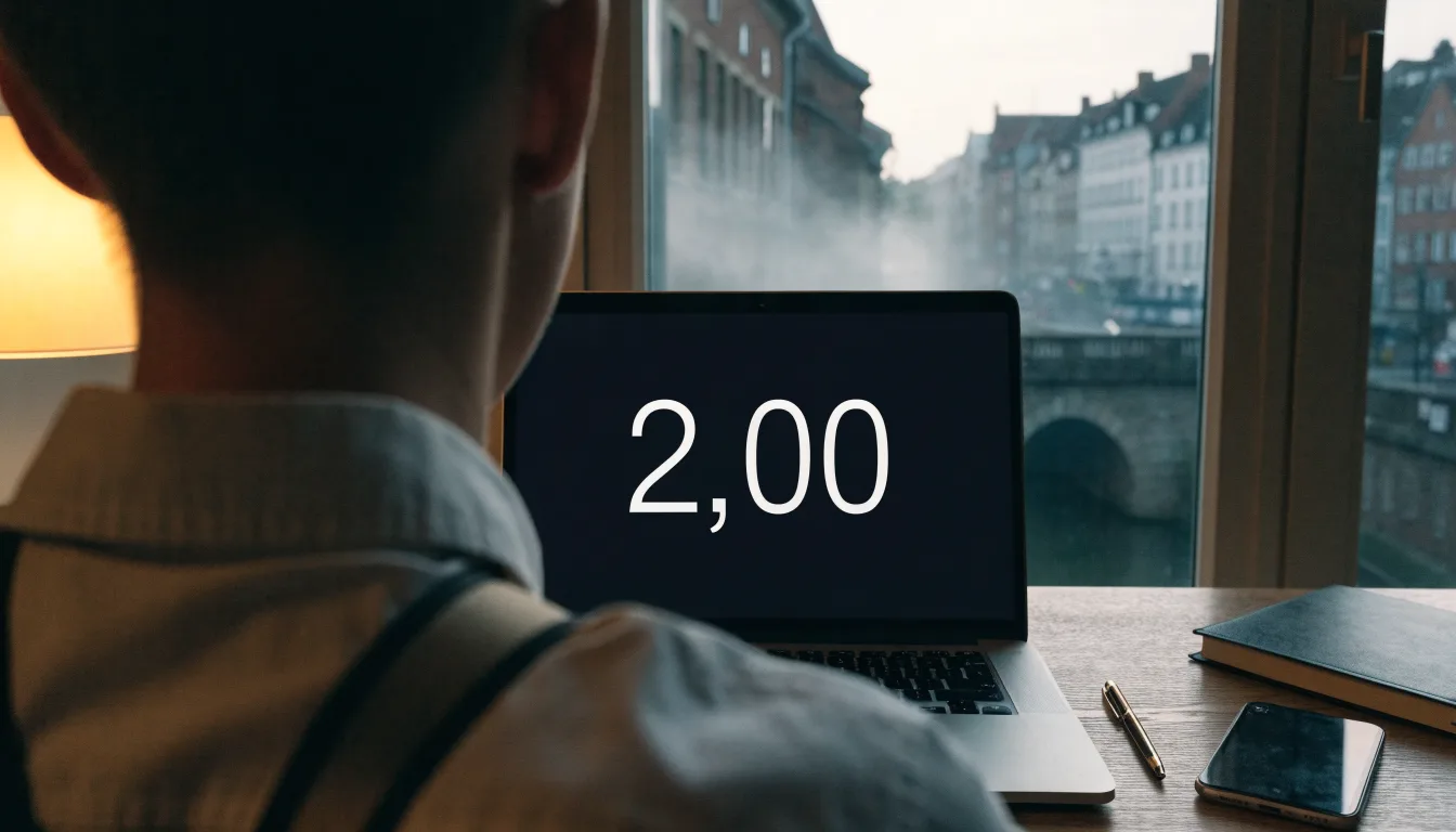 Eine steinerne Brücke über einen Fluss in einer Kleinstadt am frühen Morgen, Nebel zieht zwischen den Dächern hindurch