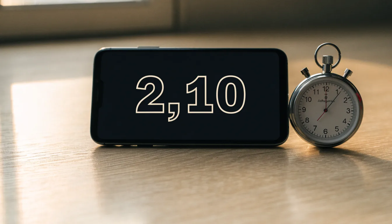 Eine Stoppuhr und ein Smartphone mit dunklem Display liegen nebeneinander auf einem Holztisch, weiches Fensterlicht