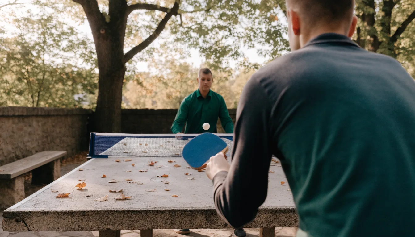 Eine Tischtennisplatte im Freien unter Bäumen, Herbstlaub liegt auf der Platte, das Licht fällt schräg durch die Äste