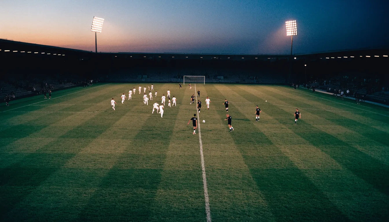 Eine leere Stadiontribüne bei Sonnenaufgang aus der Ferne, lange Schatten fallen über die Sitzreihen