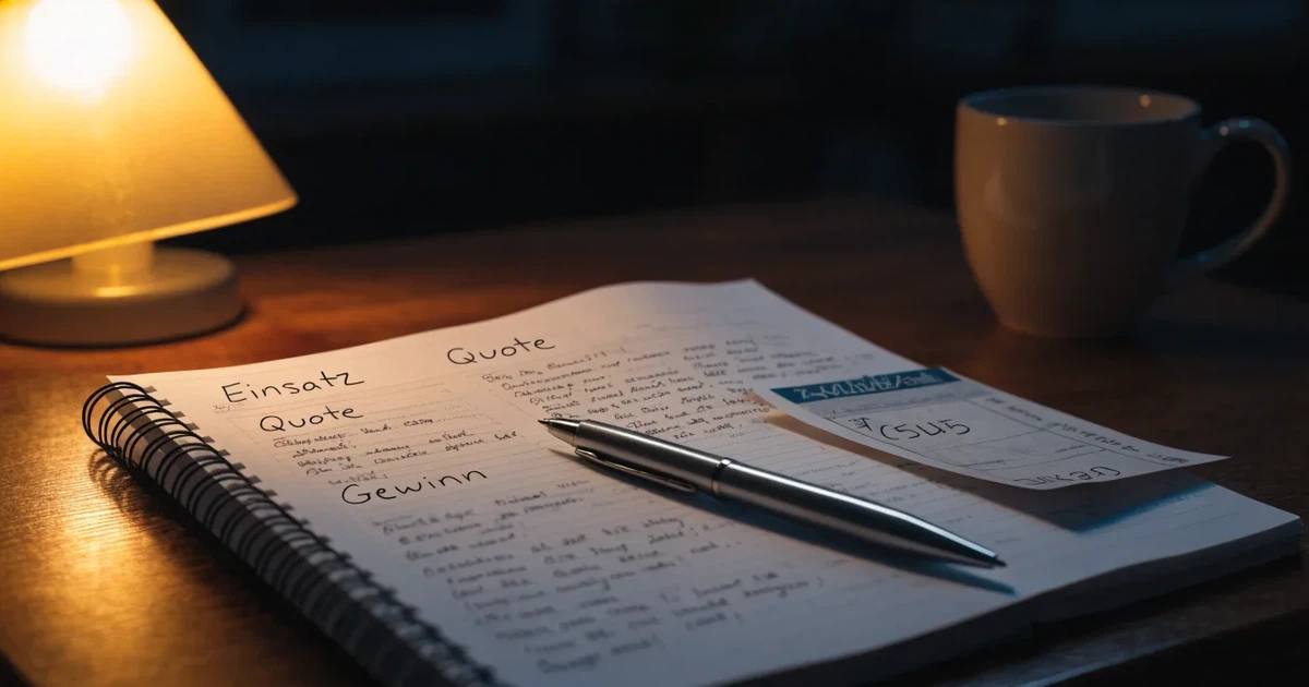 Ein Notizbuch mit handschriftlichen Spalten und ein Kugelschreiber neben einem Taschenrechner, Licht einer Schreibtischlampe
