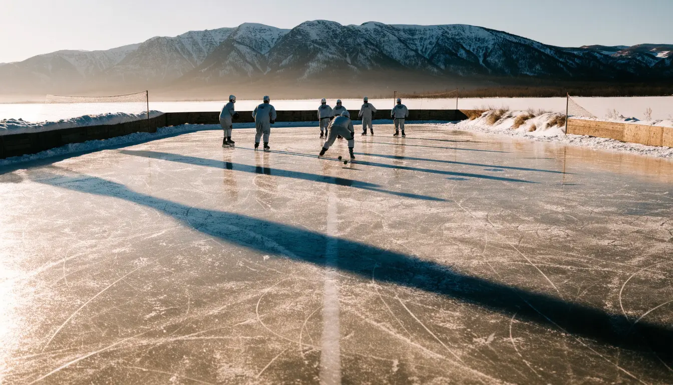 Ein Eishockeyfeld im Freien auf einem zugefrorenen See, Schneewehen an den Banden, klare Winterluft