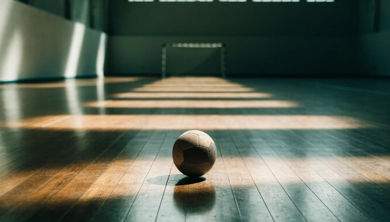 Ein Handball liegt auf dem Hallenboden einer leeren Sporthalle, Streifen von Licht aus den Oberlichtern