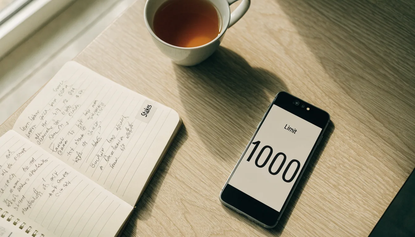 Eine Sanduhr steht neben einem Notizbuch mit handschriftlichen Notizen auf einem Holztisch, daneben dampft eine Tasse Tee.