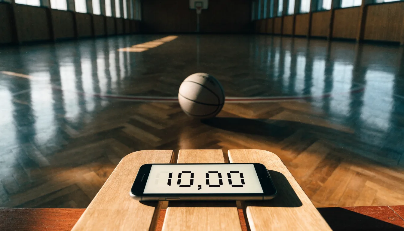 Ein Basketball ruht auf dem polierten Parkett einer leeren Halle, Nachmittagslicht fällt durch hohe Fenster.