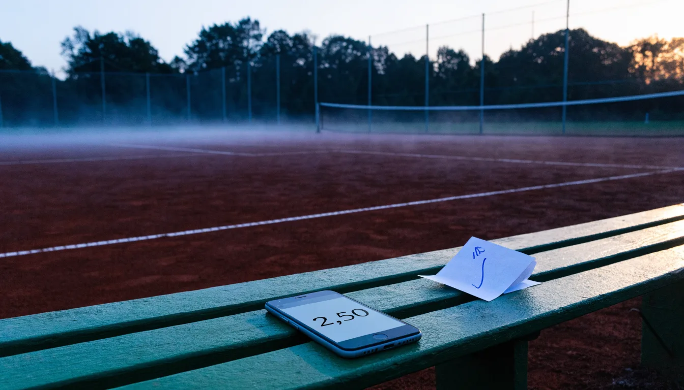 Ein gepflegter Tennisplatz im Morgengrauen, über der Grundlinie hängt leichter Nebel und die Bänke am Rand sind leer.