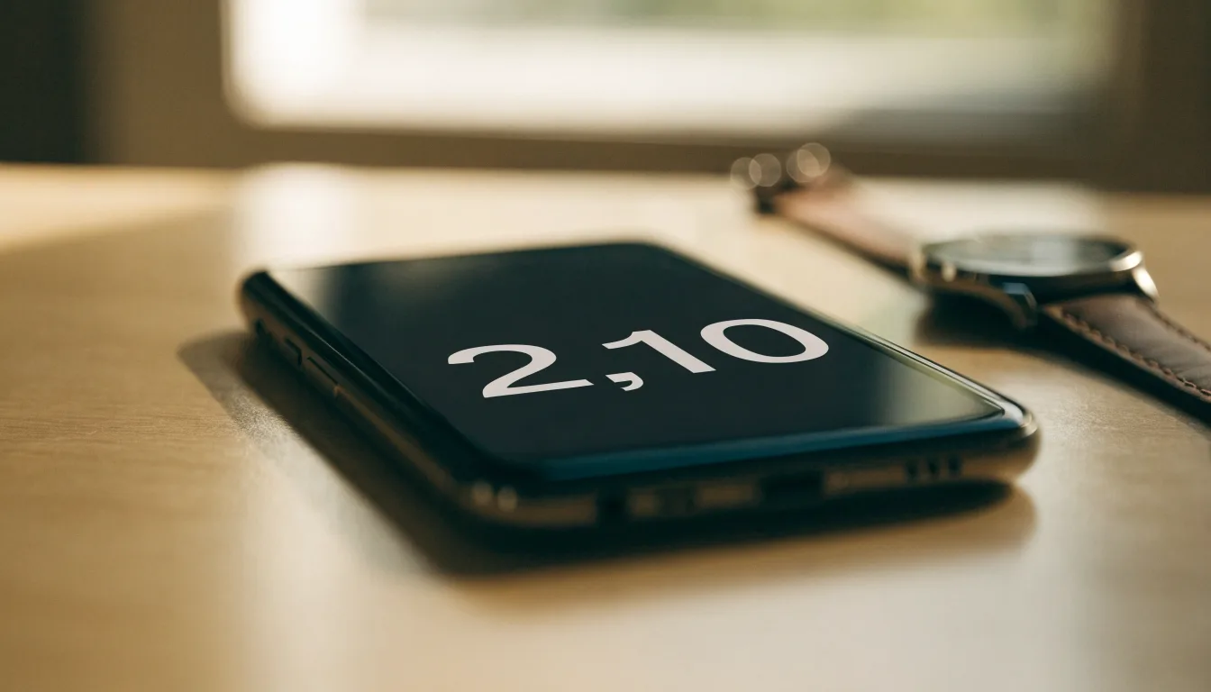 Ein Smartphone liegt mit dem Display nach unten auf einem Tisch neben einer Armbanduhr, im Hintergrund ein unscharfes Fenster.