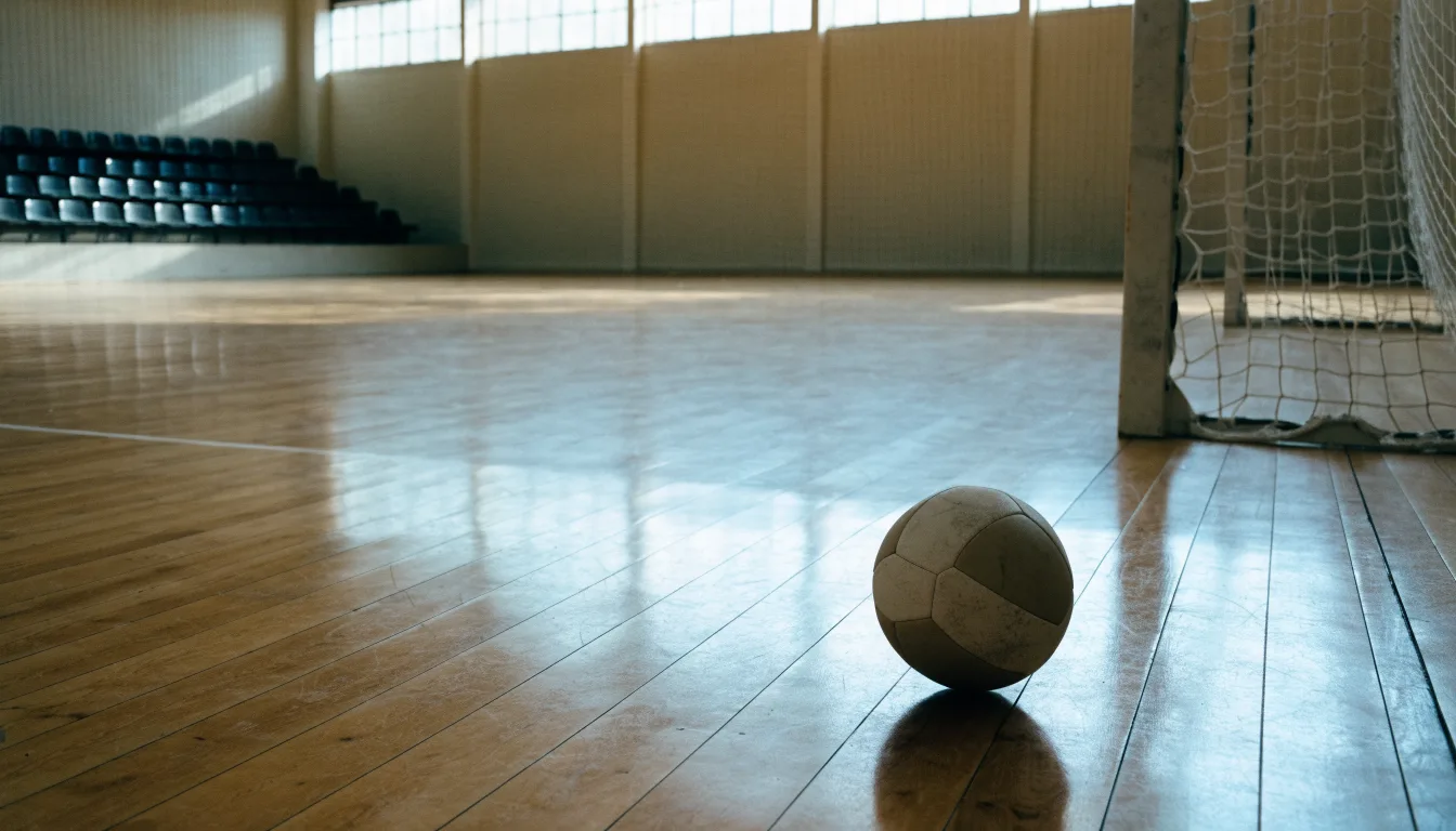Ein Handball liegt am Rand des Torraums in einer leeren Sporthalle, Licht fällt durch Oberlichter auf den Hallenboden.